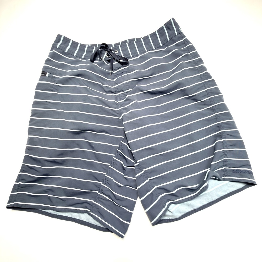 Patagonia Board Shorts Mens 34 Gray Blue Stripe Swim Trunks 10" Inseam